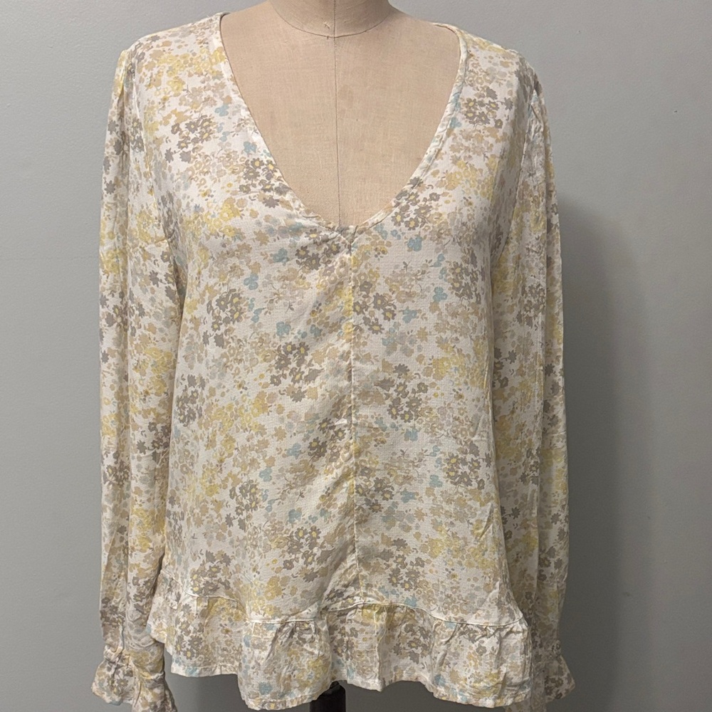 Lucky Brand Floral V-Neck Blouse - Cream and Yellow - size Medium